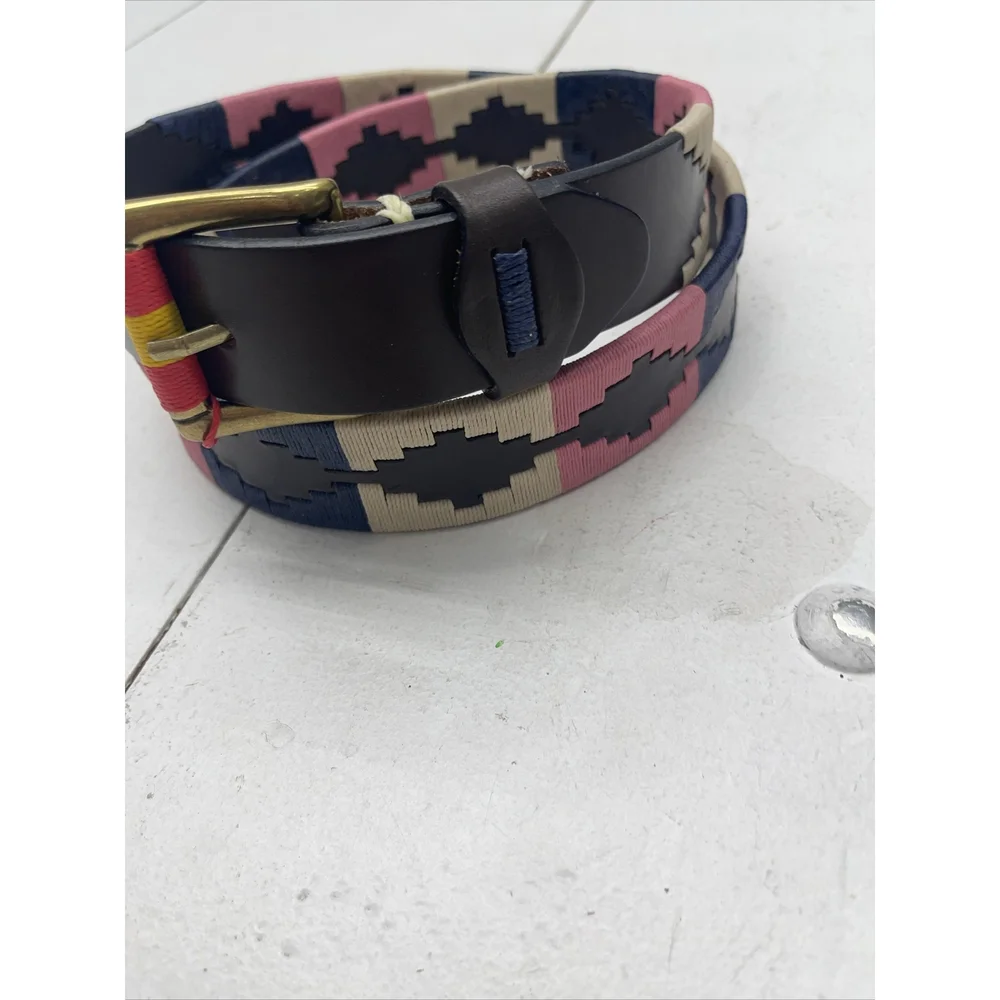 Old Ombu Belt Adults Size 100 37” L Pampa Leather Blue , Cream, Pink Wax Thread